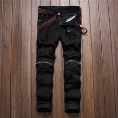 2019 hotsale black knee zipper hole men's jeans male club irregularities destroyed denim fabric stretch beggar trousers