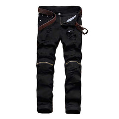 2018 Male Jeans Black white red Zipper Knee Hole biker Jeans Men Brand Slim straight Destroyed Torn Jean Pants For Male Homme