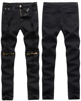 2018 Male Jeans Black white red Zipper Knee Hole biker Jeans Men Brand Slim straight Destroyed Torn Jean Pants For Male Homme