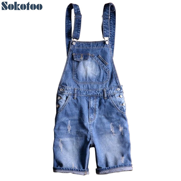 Sokotoo Men's summer blue denim bib overalls shorts Boy's plus size knee length slim jeans