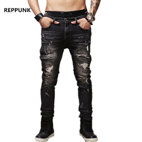 High Quality Zipper  Mens Ripped Biker Jeans Cotton Black Slim Fit Male Motorcycle Pants Men Vintage Distressed Denim Trousers