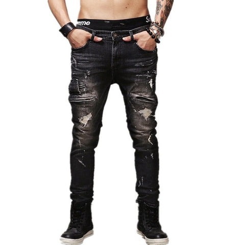 High Quality Zipper  Mens Ripped Biker Jeans Cotton Black Slim Fit Male Motorcycle Pants Men Vintage Distressed Denim Trousers