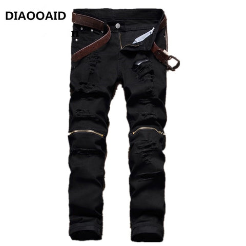 2019 hotsale black knee zipper hole men's jeans male club irregularities destroyed denim fabric stretch beggar trousers