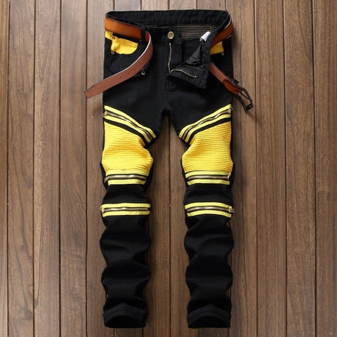 BP Fashion brand Men Ripped Designer Jeans Pants Slim Fit Knee Zipper Stitching Jeans Men Club Wear Bright Color Denim Jogger