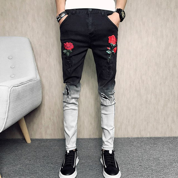 Mens Rose Embroidered Slim Jeans Patchwork Fashion Hole Hit Color Jeans Pencil Pants New Arrival