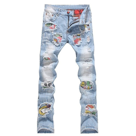 Men Jeans Stretch Destroyed Ripped Design Fashion Badge Patchwork Skinny Jeans For Men Slim Fit Biker Holes Cotton Pants