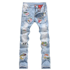 Men Jeans Stretch Destroyed Ripped Design Fashion Badge Patchwork Skinny Jeans For Men Slim Fit Biker Holes Cotton Pants