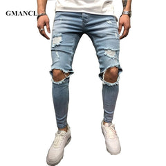 2018 New Brand Slim Fit Ripped Jeans Men blue & black Hi-Street Mens Distressed Denim Joggers Knee Holes Washed Destroyed Jeans