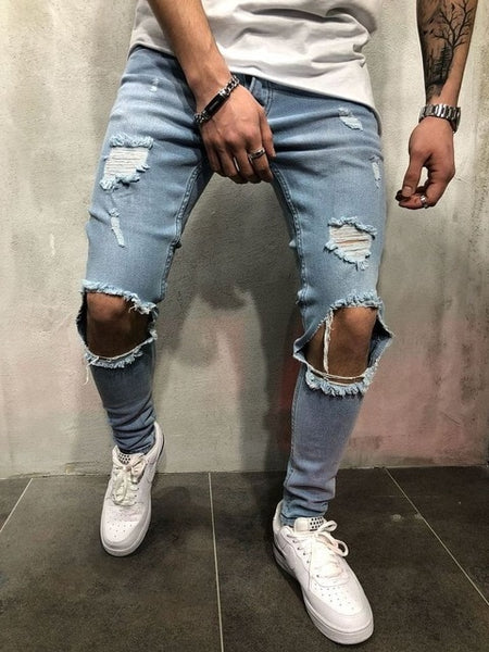 2018 New Brand Slim Fit Ripped Jeans Men blue & black Hi-Street Mens Distressed Denim Joggers Knee Holes Washed Destroyed Jeans