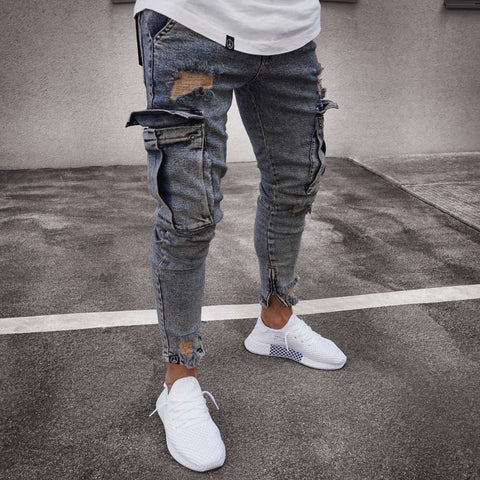 Multi pocket Fashion Men Ripped Skinny Jeans Destroyed Frayed Slim Fit Denim Pant casual men slim hole Zipper balck jeans pants