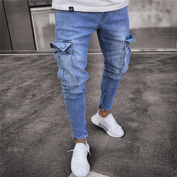 Multi pocket Fashion Men Ripped Skinny Jeans Destroyed Frayed Slim Fit Denim Pant casual men slim hole Zipper balck jeans pants