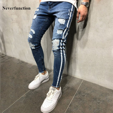 New Men Slim fit Knee Holes hip hop skinny jeans fashion Side white stripe Distressed Ripped Stretch Streetwear Denim trousers