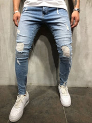 New Men Slim fit Knee Holes hip hop skinny jeans fashion Side white stripe Distressed Ripped Stretch Streetwear Denim trousers