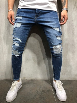 New Men Slim fit Knee Holes hip hop skinny jeans fashion Side white stripe Distressed Ripped Stretch Streetwear Denim trousers