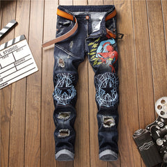 Top Quality Skinny Jeans Mens Blue Hole Hip Hop Denim Pants Zipper Lady Head Embroidery Biker Fashion Jeans Ripped Jeans for Men