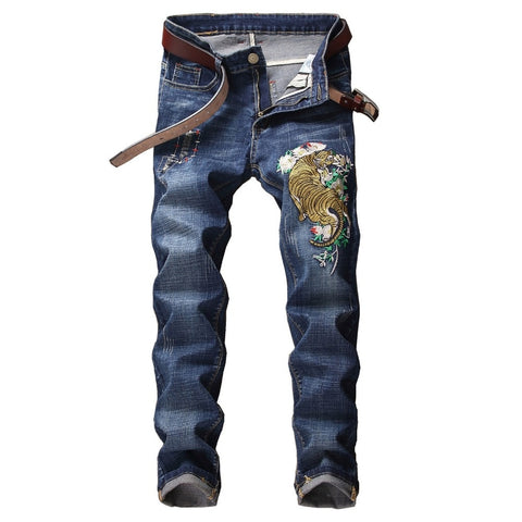 New Embroidery Jeans Ripped Hole Jeans Male Slim Fit Straight Denim Men Designer Patchwork Jeans Homme Vaqueros Hombre