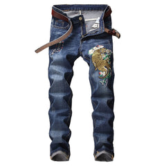 New Embroidery Jeans Ripped Hole Jeans Male Slim Fit Straight Denim Men Designer Patchwork Jeans Homme Vaqueros Hombre