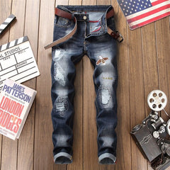 New Embroidery Jeans Ripped Hole Jeans Male Slim Fit Straight Denim Men Designer Patchwork Jeans Homme Vaqueros Hombre