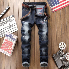 New Embroidery Jeans Ripped Hole Jeans Male Slim Fit Straight Denim Men Designer Patchwork Jeans Homme Vaqueros Hombre