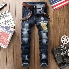 New Embroidery Jeans Ripped Hole Jeans Male Slim Fit Straight Denim Men Designer Patchwork Jeans Homme Vaqueros Hombre