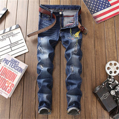 New Embroidery Jeans Ripped Hole Jeans Male Slim Fit Straight Denim Men Designer Patchwork Jeans Homme Vaqueros Hombre