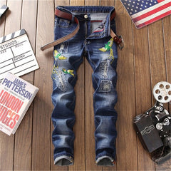 New Embroidery Jeans Ripped Hole Jeans Male Slim Fit Straight Denim Men Designer Patchwork Jeans Homme Vaqueros Hombre