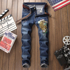 New Embroidery Jeans Ripped Hole Jeans Male Slim Fit Straight Denim Men Designer Patchwork Jeans Homme Vaqueros Hombre