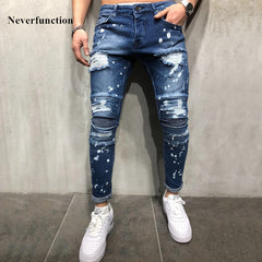 Men Hip hop Ripped Splashing ink Skinny biker Jeans knee Pleated Distressed motorcycle streetwear Men Joggers Denim trousers