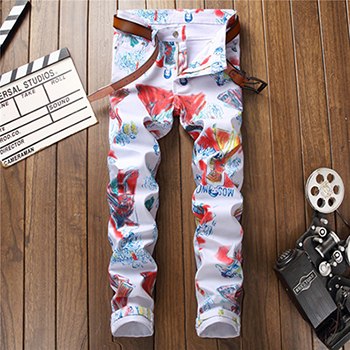 Men's Fashion Stretch Denim Pants High Quality Punk Rock Nightclub 3D Graffiti Printed Pattern Slim Jeans Motorcycle Trousers