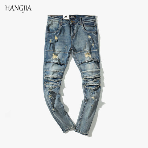 Streetwear Mens Washed Destroyed Jeans Distressed Ripped Biker Skinny Denim Pants Trend Soild Color Slim Fit Hole Jean