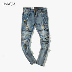 Streetwear Mens Washed Destroyed Jeans Distressed Ripped Biker Skinny Denim Pants Trend Soild Color Slim Fit Hole Jean