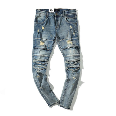 Streetwear Mens Washed Destroyed Jeans Distressed Ripped Biker Skinny Denim Pants Trend Soild Color Slim Fit Hole Jean