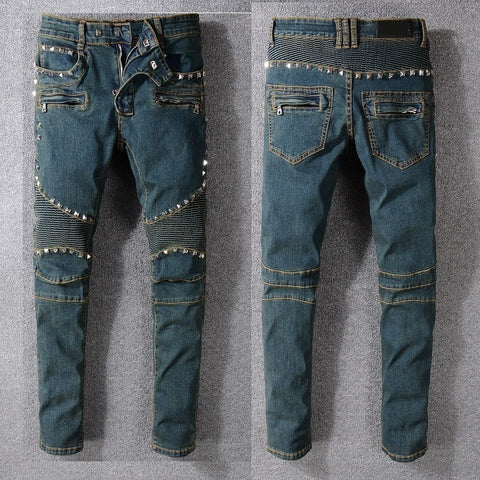 New France Style #1064# Men Metal Rivets Moto Pants Ripped Washed Blue Skinny Denim Biker Jeans Stretch Slim Trousers Size 29-42