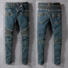 New France Style #1064# Men Metal Rivets Moto Pants Ripped Washed Blue Skinny Denim Biker Jeans Stretch Slim Trousers Size 29-42