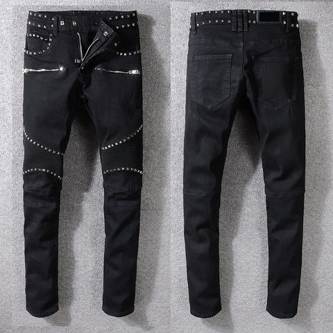 New France Style #1070# Men's  Moto Metal Rivets Pants  Ripped Black Skinny Denim Biker Jeans Stretch Slim Trousers Size 29-42