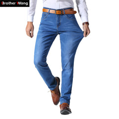 2019 Summer New Men's Thin Light Jeans Business Casual Stretch Slim Denim Jeans Light Blue Trousers Male Brand Pants Plus Size