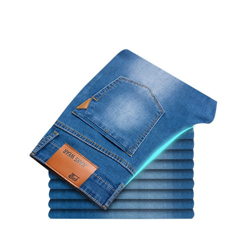 2019 Summer New Men's Thin Light Jeans Business Casual Stretch Slim Denim Jeans Light Blue Trousers Male Brand Pants Plus Size