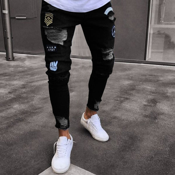 hole embroidered jeans Slim men trousers NEW 2019 men's Casual Thin Summer Denim Pants Classic Cowboys Young Man black blue