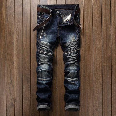 Pleated Biker Jeans Pants 2019 Men's Slim Fit Brand Designer Denim Trousers For Male Straight Washed Multi Zipper pants homme