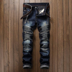 Pleated Biker Jeans Pants 2019 Men's Slim Fit Brand Designer Denim Trousers For Male Straight Washed Multi Zipper pants homme