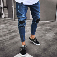 Multi pocket Fashion Men Ripped Skinny Jeans Destroyed Frayed Slim Fit Denim Pant casual men slim hole Zipper balck jeans pants