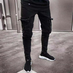 Multi pocket Fashion Men Ripped Skinny Jeans Destroyed Frayed Slim Fit Denim Pant casual men slim hole Zipper balck jeans pants